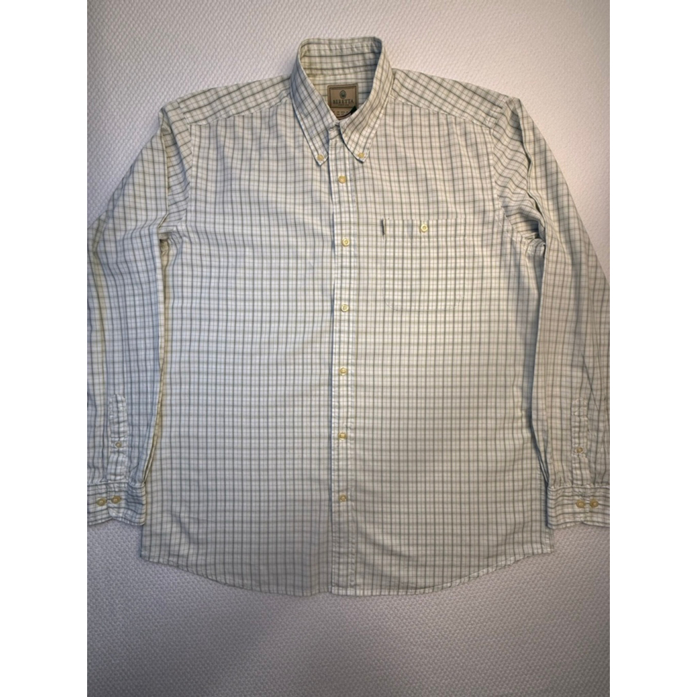 Men's Beretta White Green Blue Plaid Casual Button Down Shirt XL